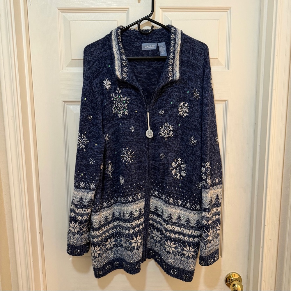 Liz & Me Navy Snowflake Holiday Cardigan – Plus Size 2X Festive Beaded Zip-Up!